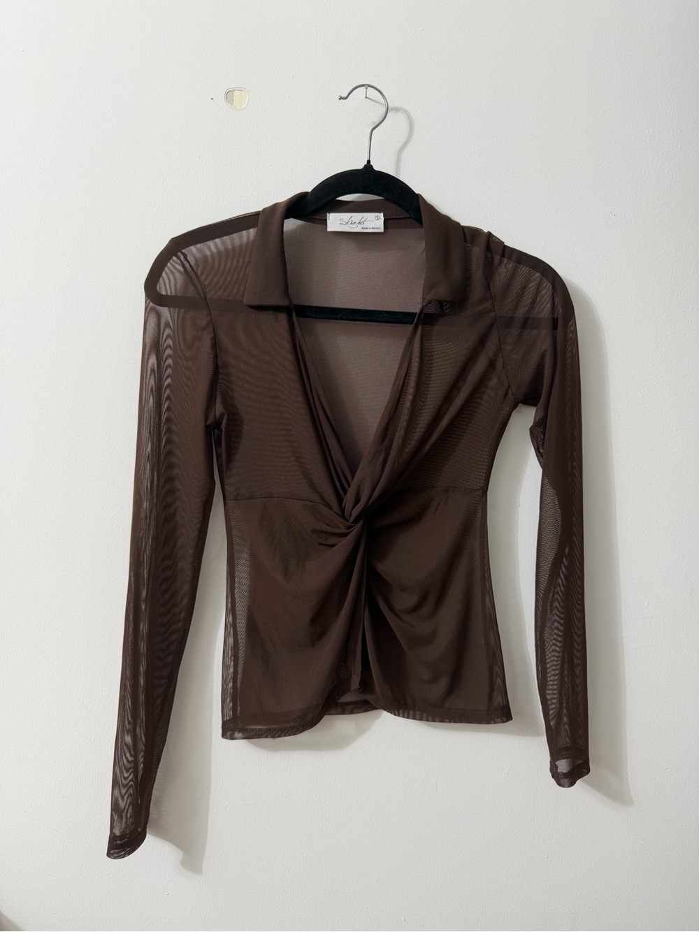 Twist-Front Sheer Collared Blouse in Brown